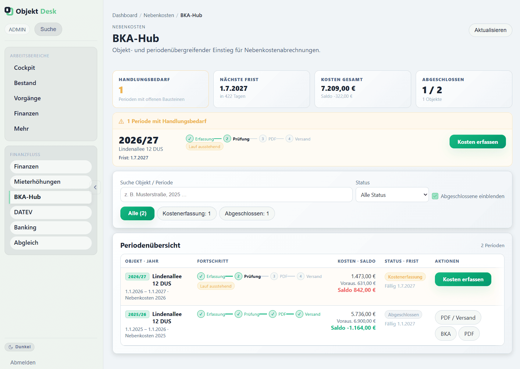 ObjektDesk BKA-Hub mit Perioden, Fortschritt und nächster Frist