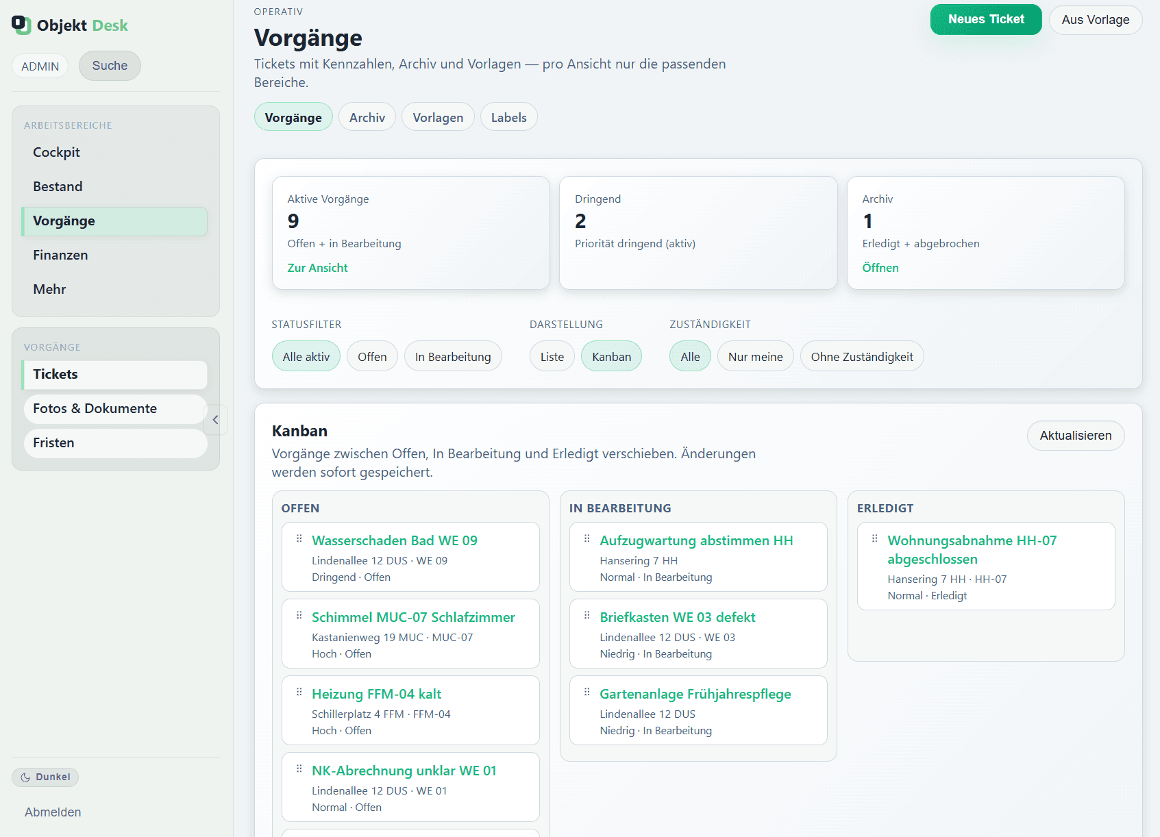 ObjektDesk Mängelmelder und Ticket-Kanban mit Status-Spalten