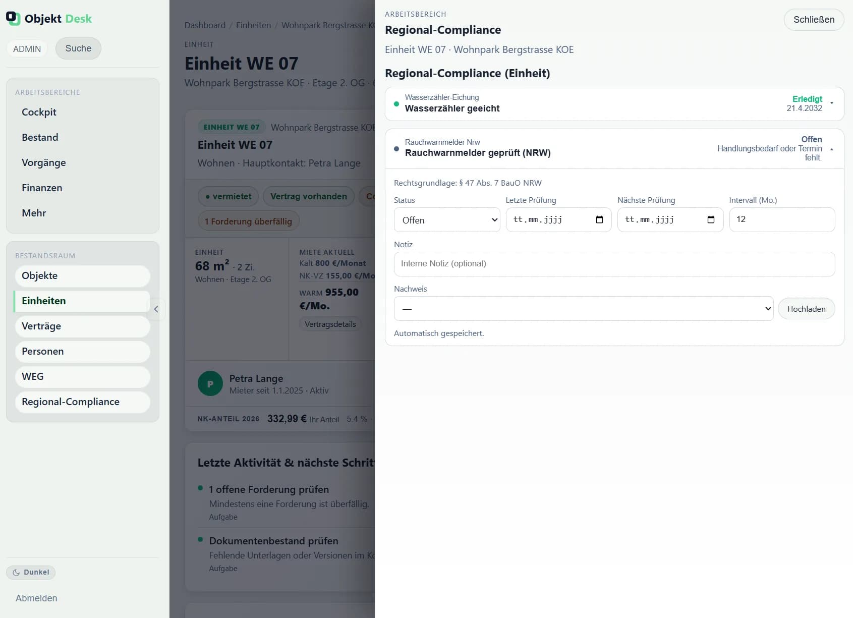 ObjektDesk Regional-Compliance mit Prüfstatus und Nachweisen