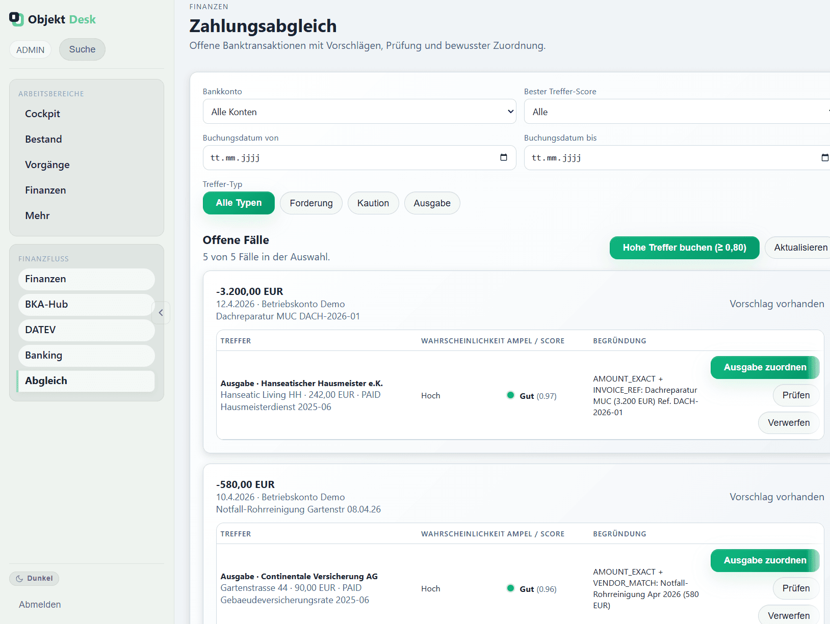 ObjektDesk Zahlungsabgleich mit offenen Posten und Zuordnung